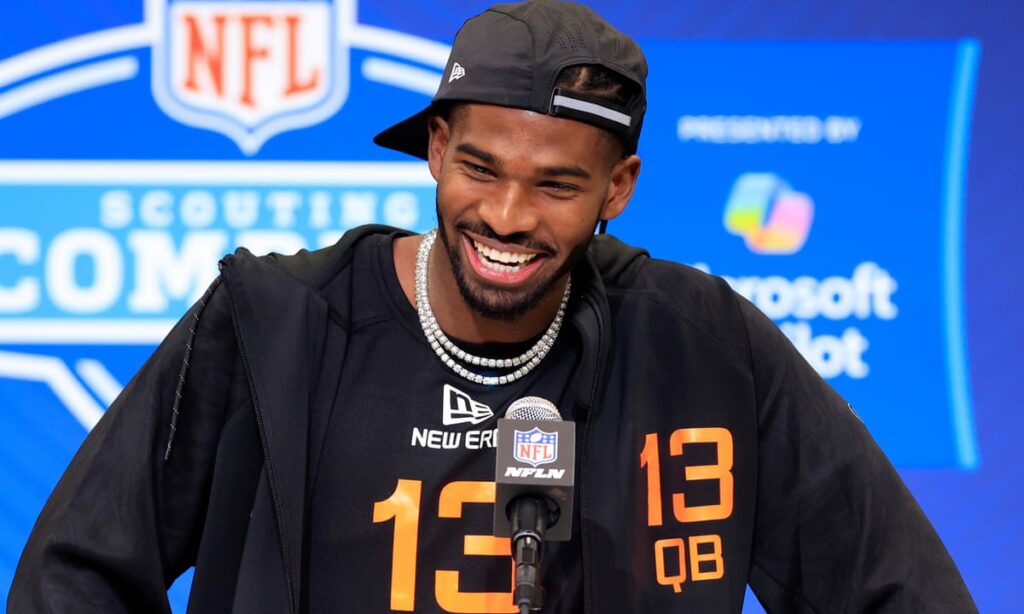 Shedur Sanders at press podium after draft.