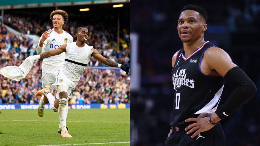 Westbrook celebrating leeds Championship win.